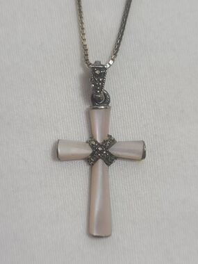 Charles Winston Sterling Silver 925 Marcasite Cross Pendant M.O.P. Necklace
